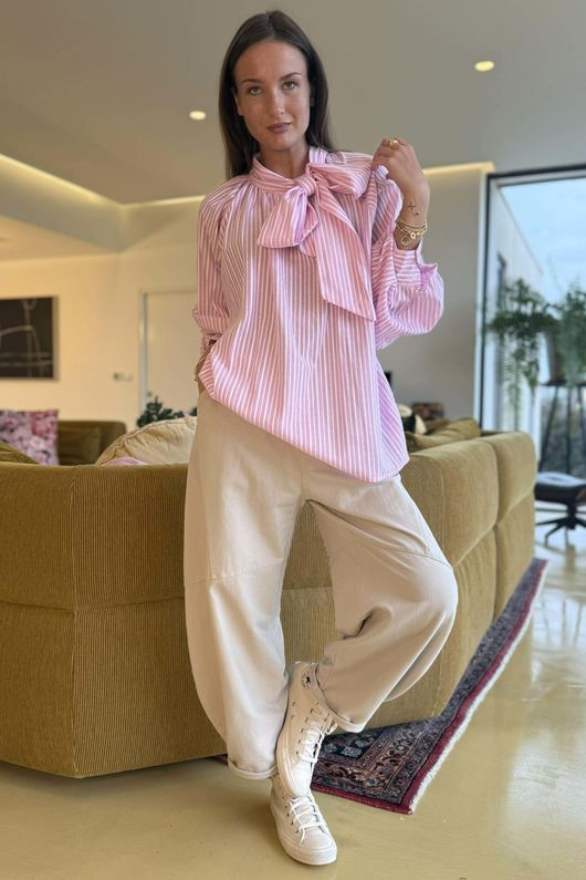 Nantucket Stripe Tie Neck Blouse Soft Peony